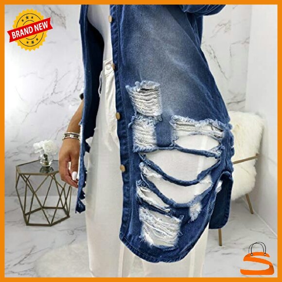 Oversized Denim Jacket Long Sleeve Shacket Lapel Collar Distressed Hem - Picture 4 of 7